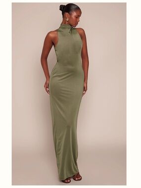 NWT Slinky High Neck Maxi Dress in Olive Green